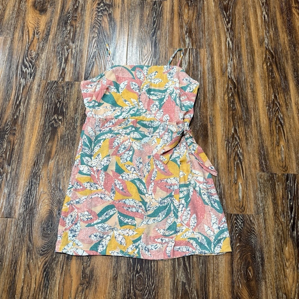 Nine West Size L Womens Tropical Leaf Faux Wrap Mini Dress Pink Yellow Green